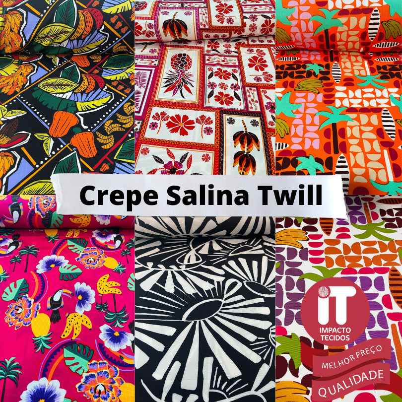 Tecido Crepe Salina Twill Liso e estampado 1,40m largura