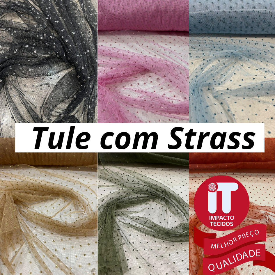 Tecido Tule Pingos D'água Tule com brilho Strass 1,40m largura