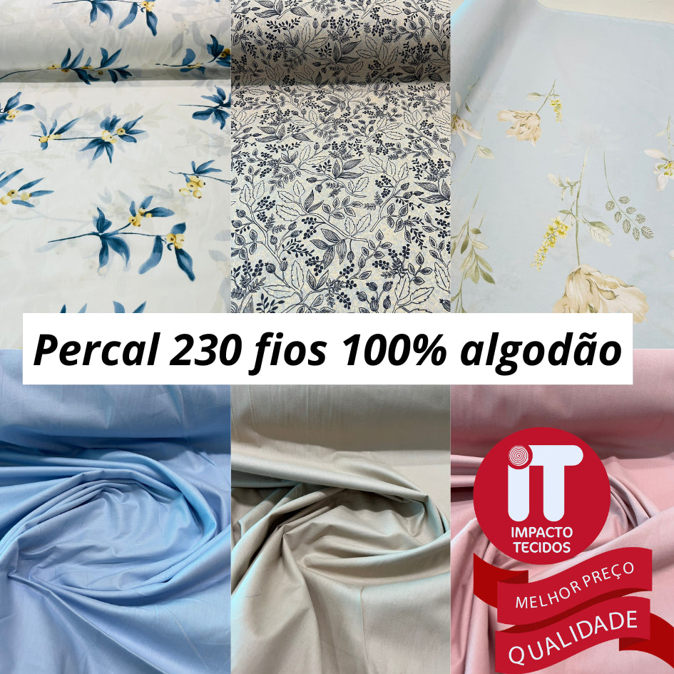 tecido percal 230 fios 100% algodão estampado e liso 2,50m de largura