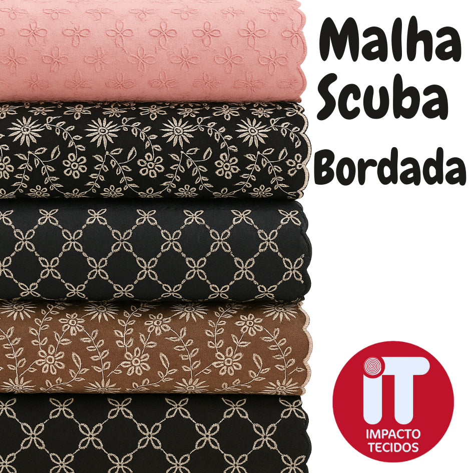 Tecido malha Scuba Sued Bordado 1,50m largura